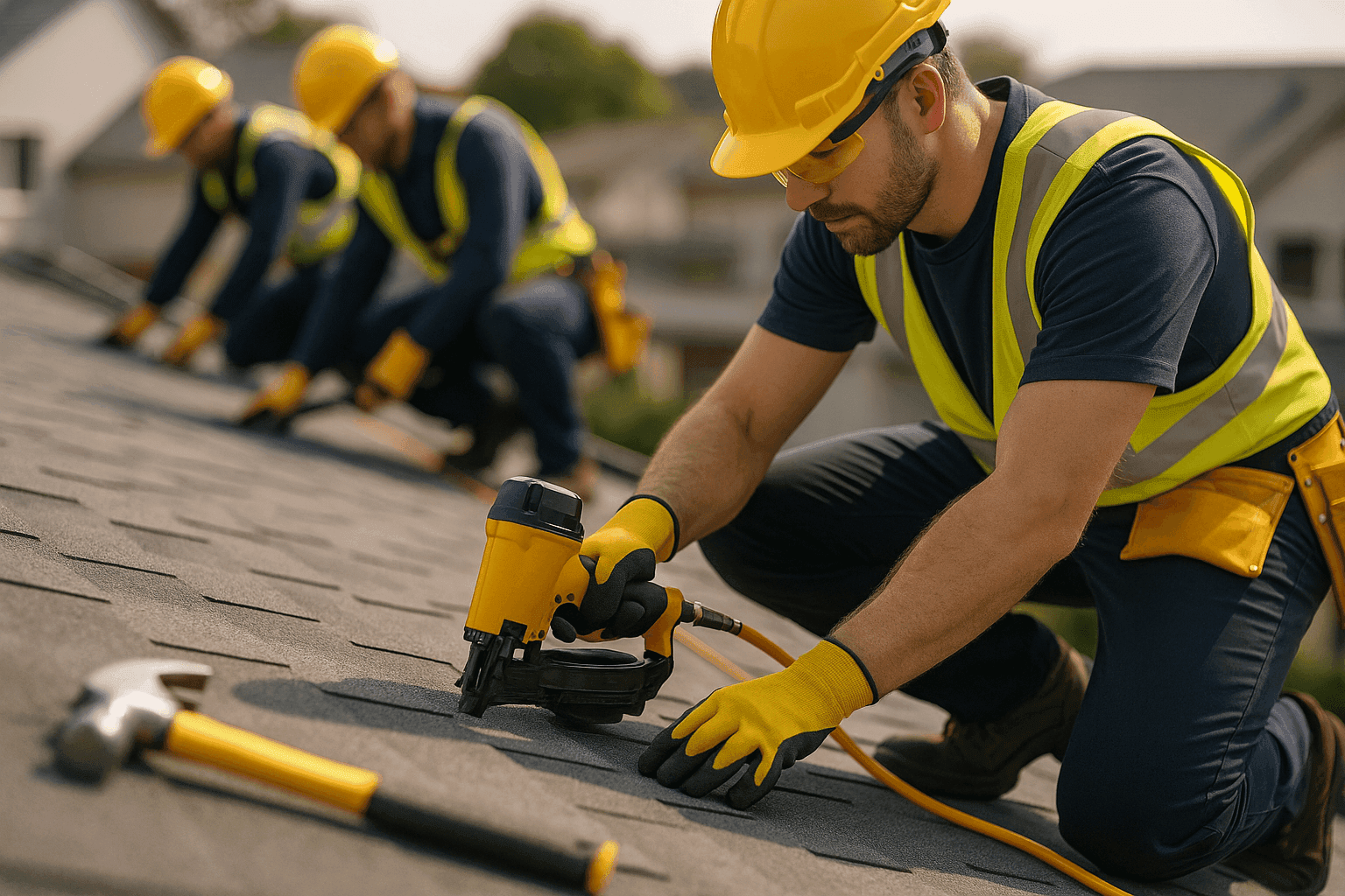 Professional roofing team working on a clean roof wearing safety gear under natural daylight