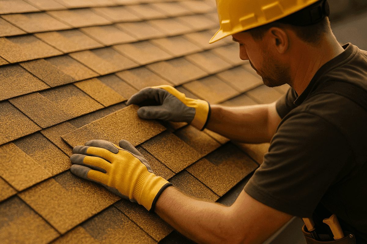 Close-up of roofer's gloved hands positioning yellow shingles on a residential roof