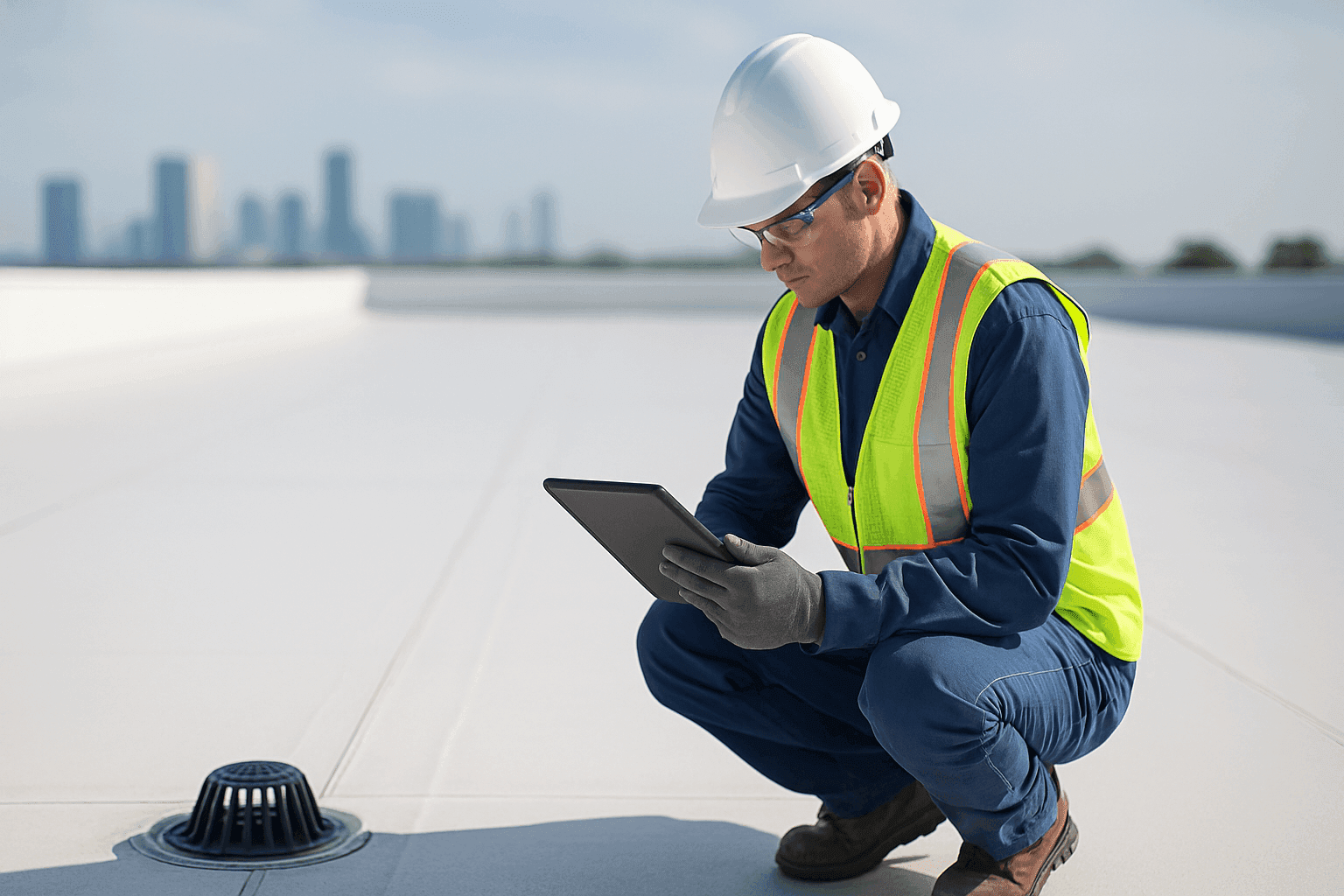 Commercial flat roof with technician inspecting membrane and drainage