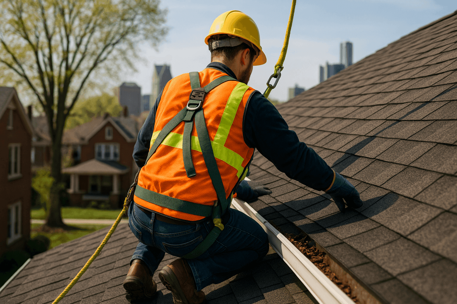 Technician cleaning rooftop gutters and inspecting shingles in early spring