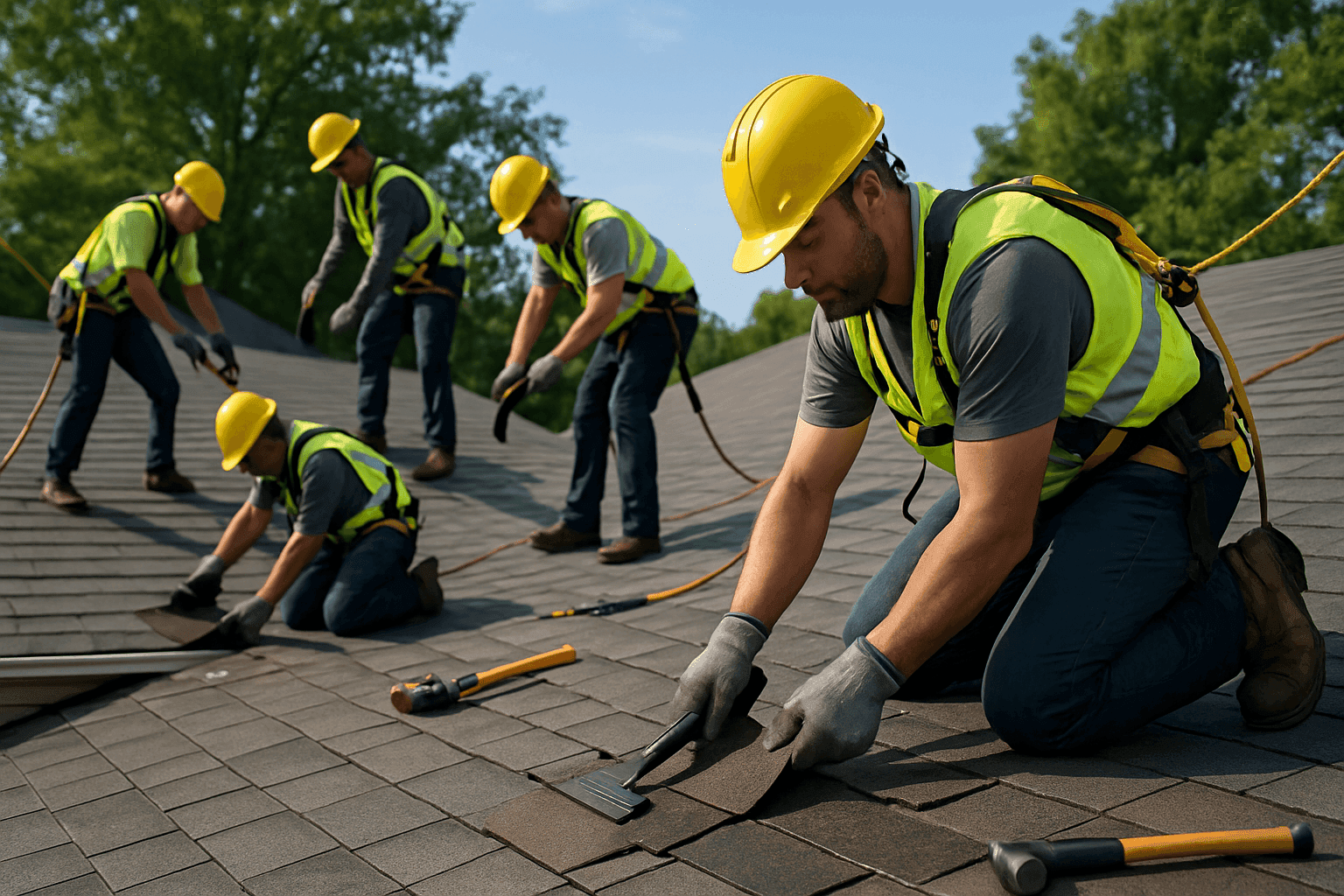 Roofing crew replacing roof shingles on a large building